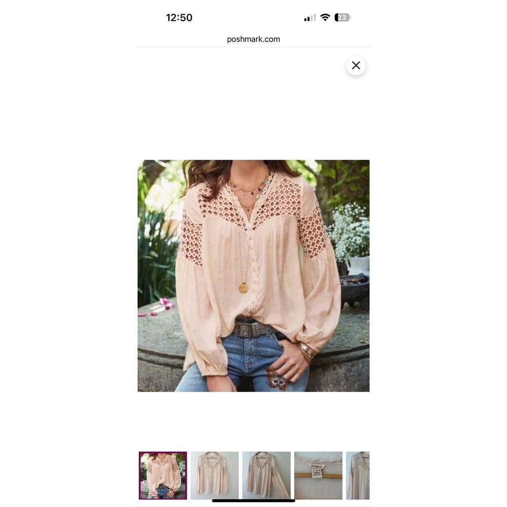 Sundance Womens Cream Blush Crochet Blouse Size L Flowy Boho Beach Peasant Gypsy - Picture 4 of 13
